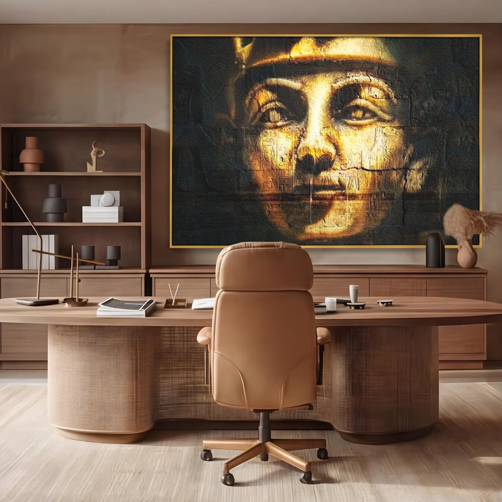 Tablou canvas cu tablou canvas cu chipul unui faraon, in rama de aluminiu auriu, pe perete intr-un birou